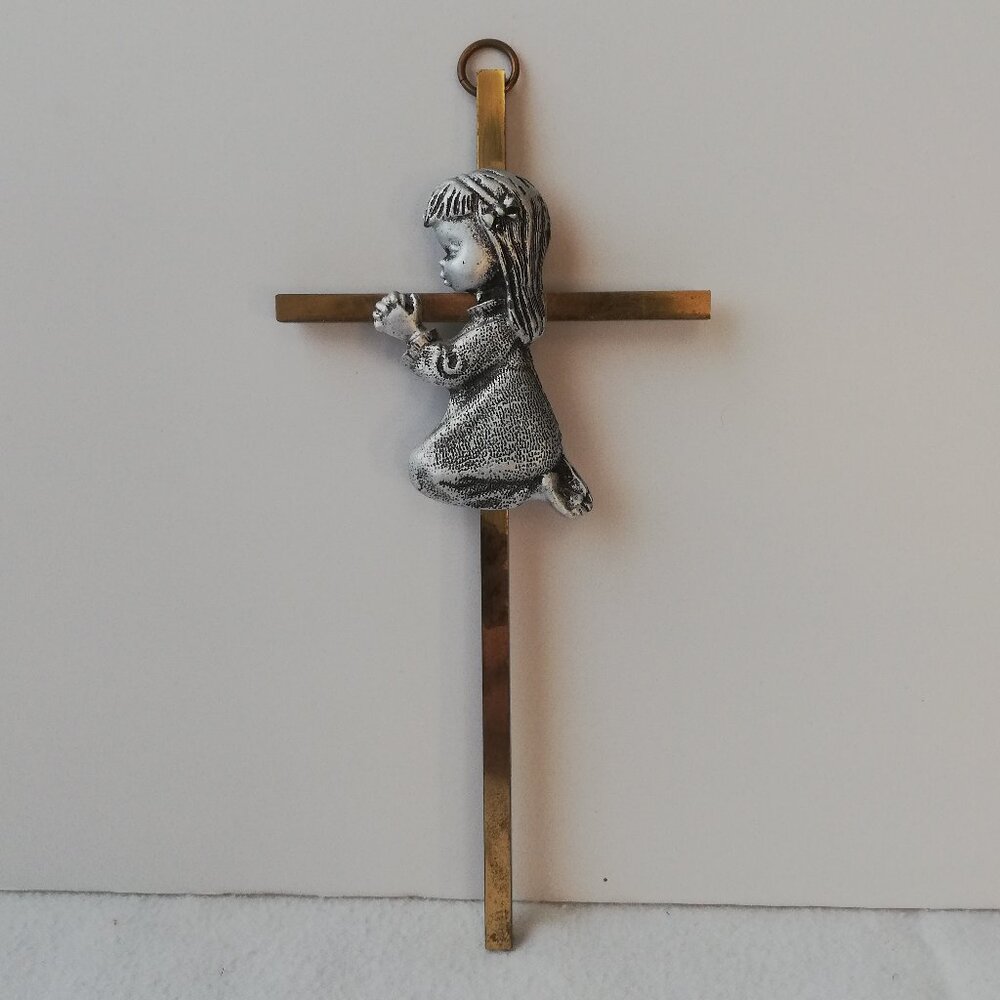Silver Tone Praying Girl on Brass cross